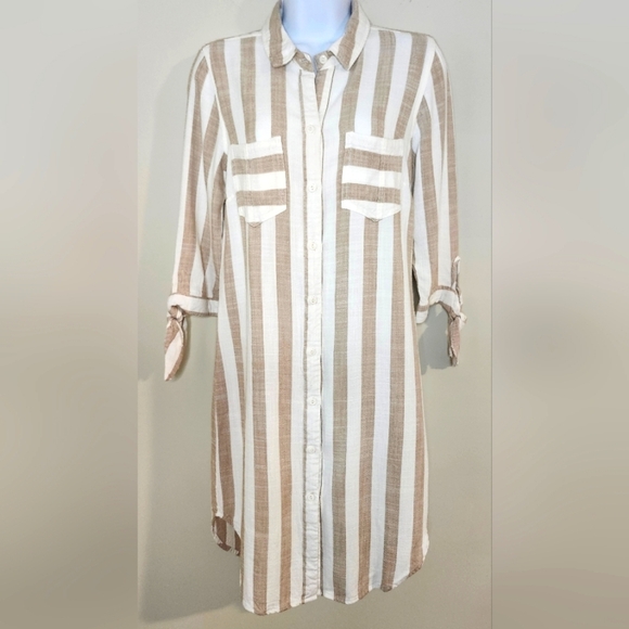 Sharagano Dresses & Skirts - Sharagano Shirt Dress Women's 10 Tan White Striped Tie Sleeves Spring Classic
